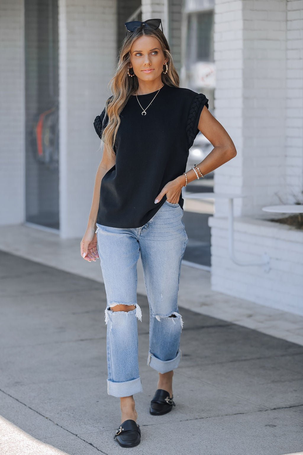 Cap Sleeve Braided Detail Top - Black - Magnolia Boutique