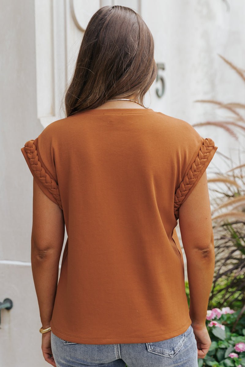 Cap Sleeve Braided Detail Top - Camel - Magnolia Boutique