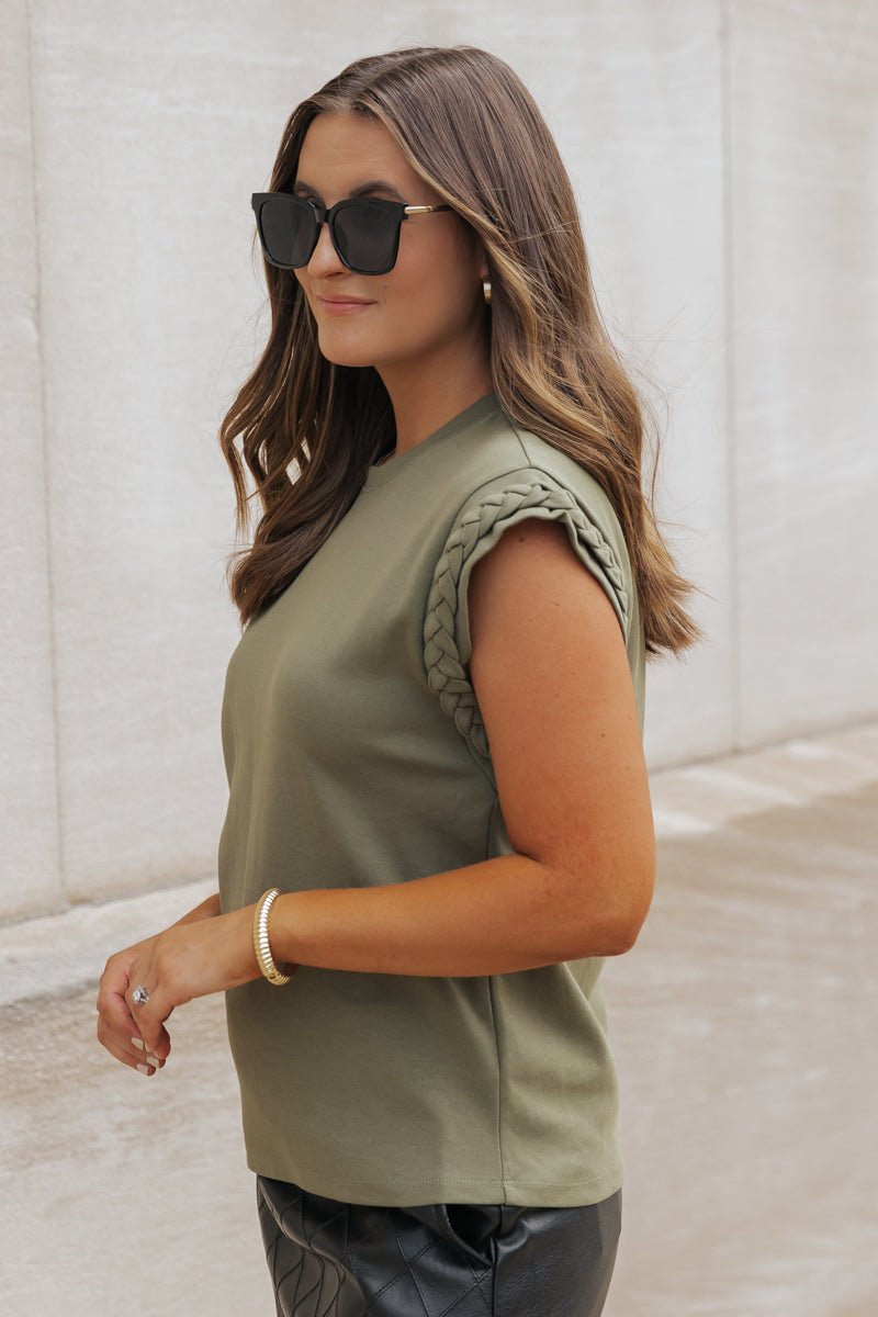 Cap Sleeve Braided Detail Top - Olive - Magnolia Boutique