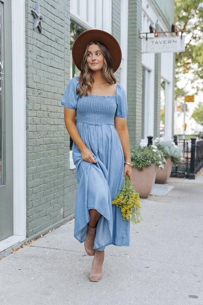 Chambray Puff Sleeve Tiered Midi Dress - Magnolia Boutique