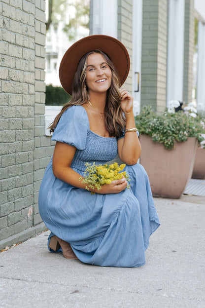 Chambray Puff Sleeve Tiered Midi Dress - Magnolia Boutique