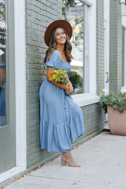 Chambray Puff Sleeve Tiered Midi Dress - Magnolia Boutique