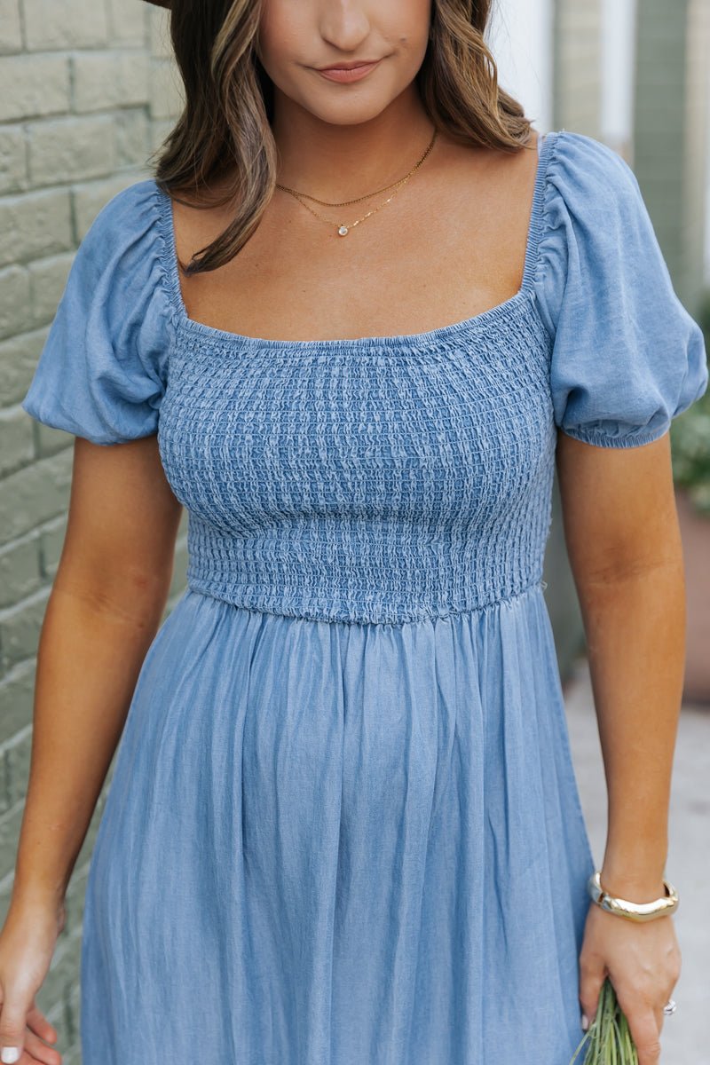 Chambray Puff Sleeve Tiered Midi Dress - Magnolia Boutique