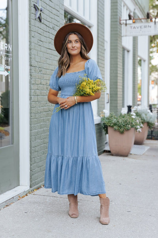 Chambray Puff Sleeve Tiered Midi Dress - Magnolia Boutique