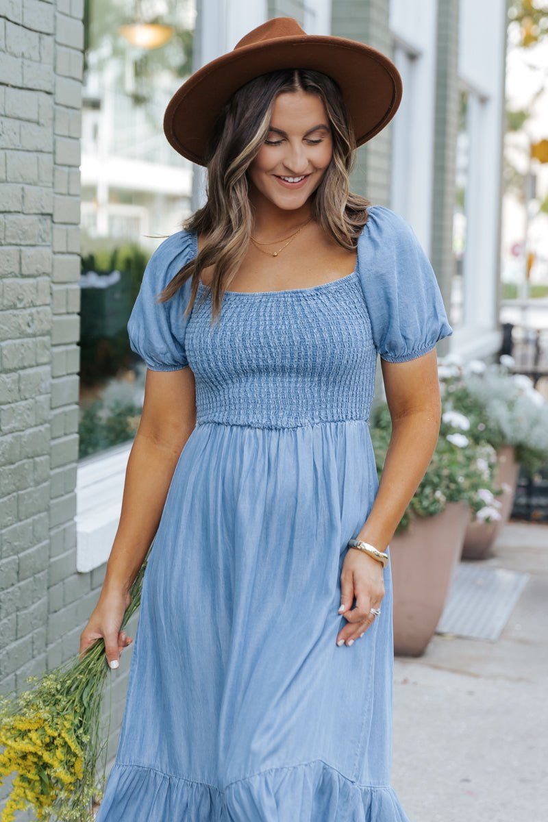 Chambray Puff Sleeve Tiered Midi Dress - Magnolia Boutique