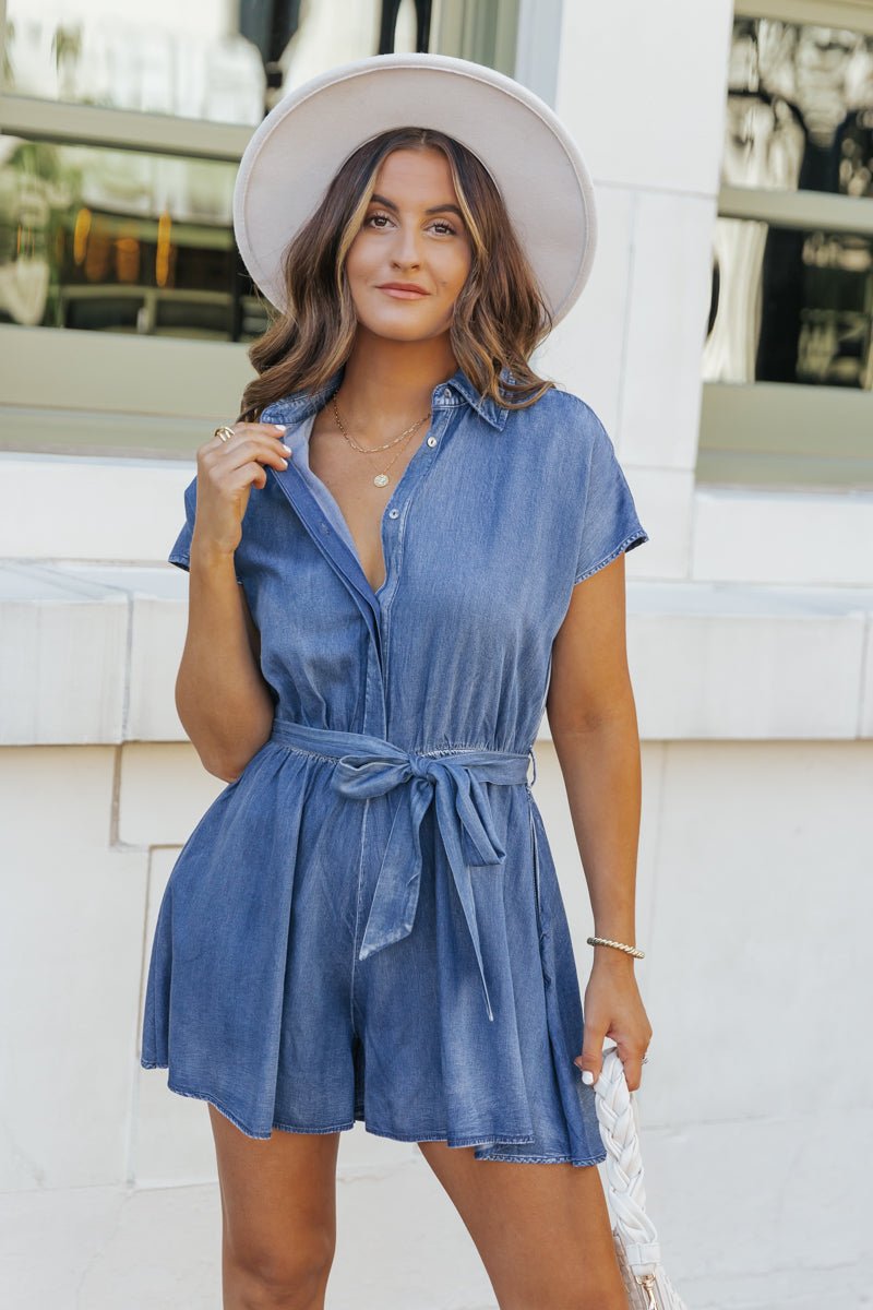 Chambray Short Sleeve Waist Tie Romper - Magnolia Boutique