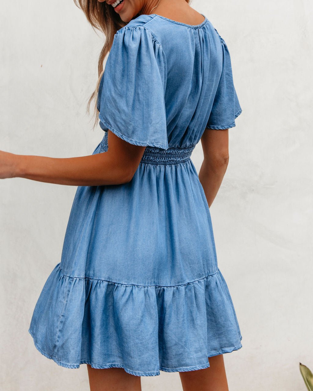 Chambray Split Neck Smocked Mini Dress - FINAL SALE – Magnolia