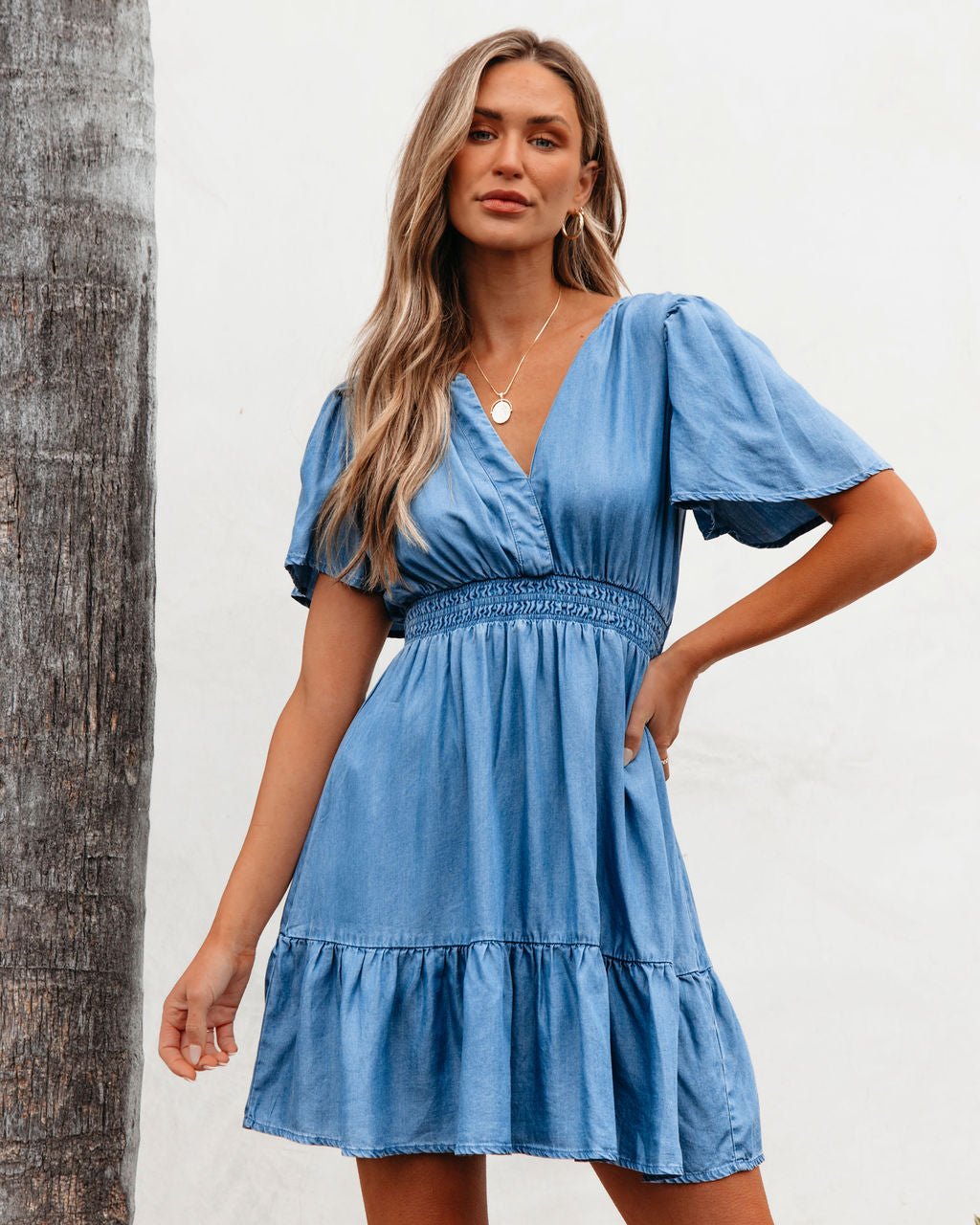 Chambray Split Neck Smocked Mini Dress – Magnolia Boutique Chambray Split Neck Smocked Mini Dress – Magnolia Boutique
