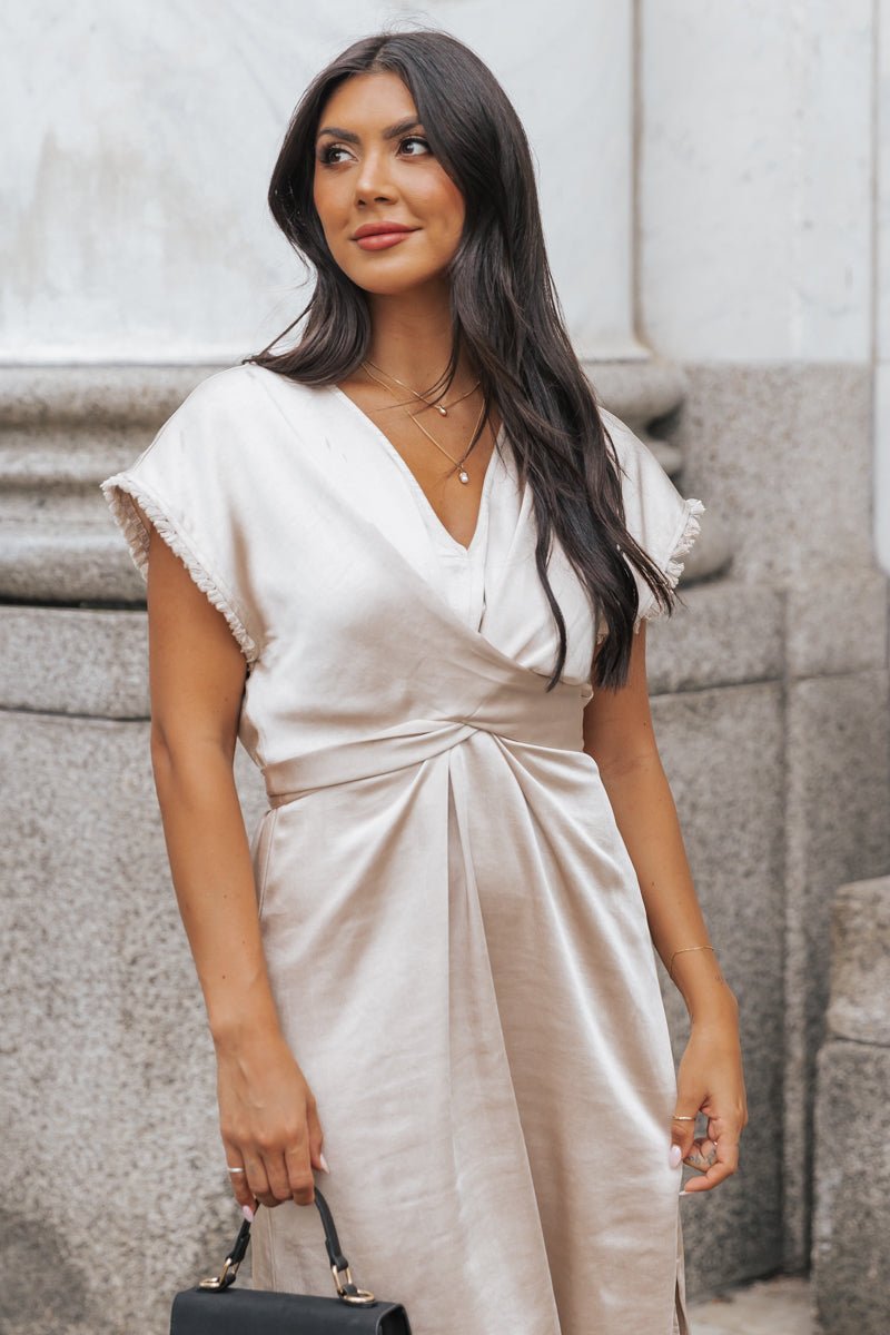 Champagne Satin Wrap Midi Dress - Magnolia Boutique