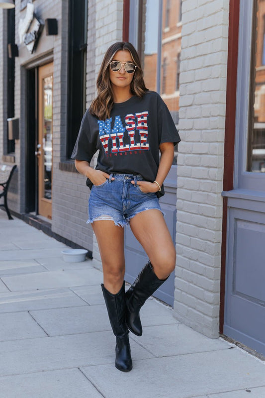 Charcoal American Flag Nashville Graphic Tee - Magnolia Boutique