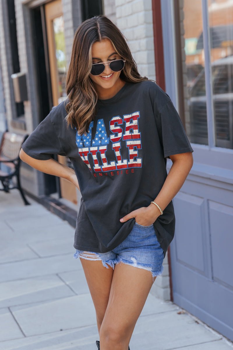 Charcoal American Flag Nashville Graphic Tee - Magnolia Boutique