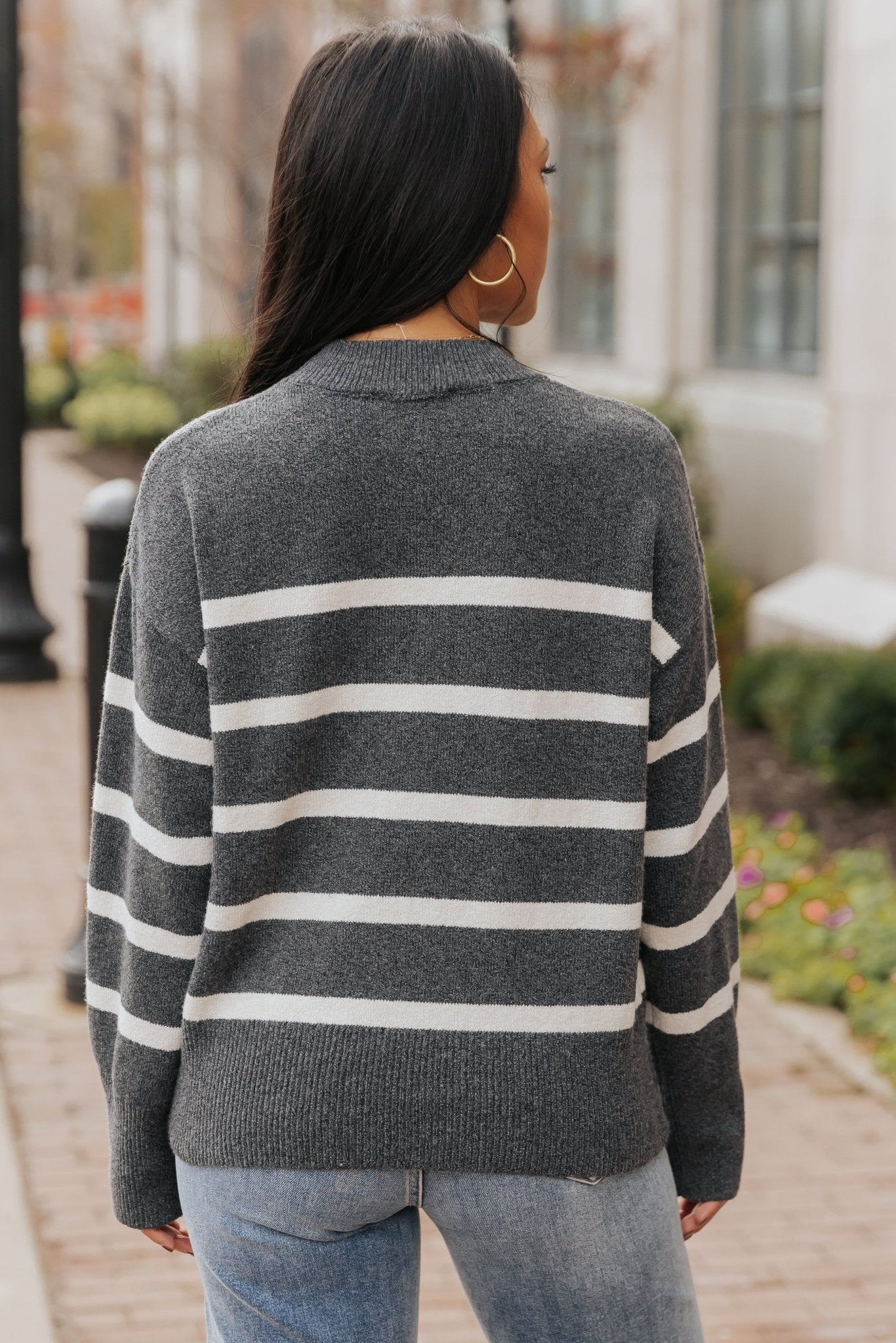 Charcoal and Cream Striped Pullover Sweater - Magnolia Boutique