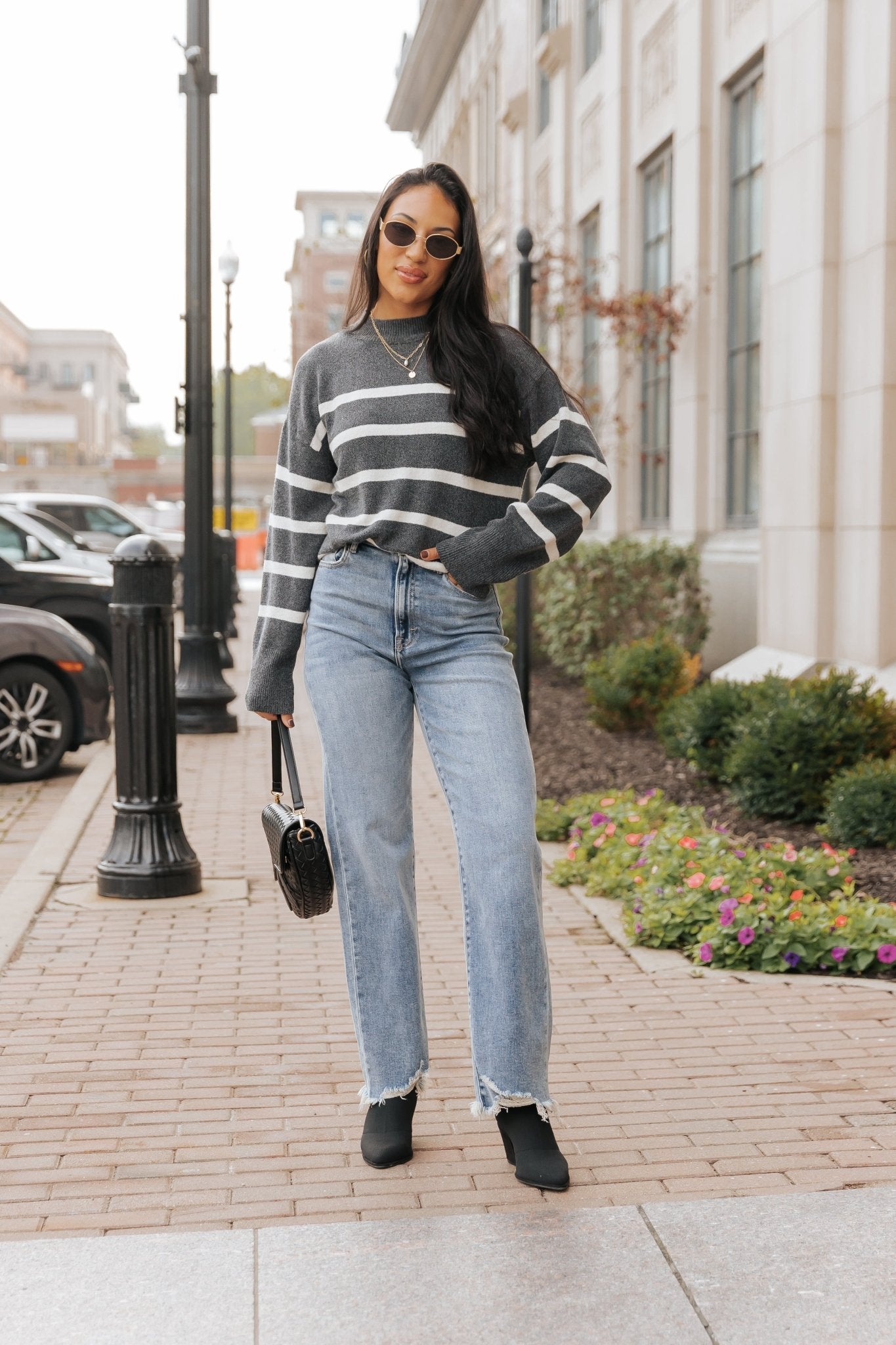 Charcoal and Cream Striped Pullover Sweater - Magnolia Boutique