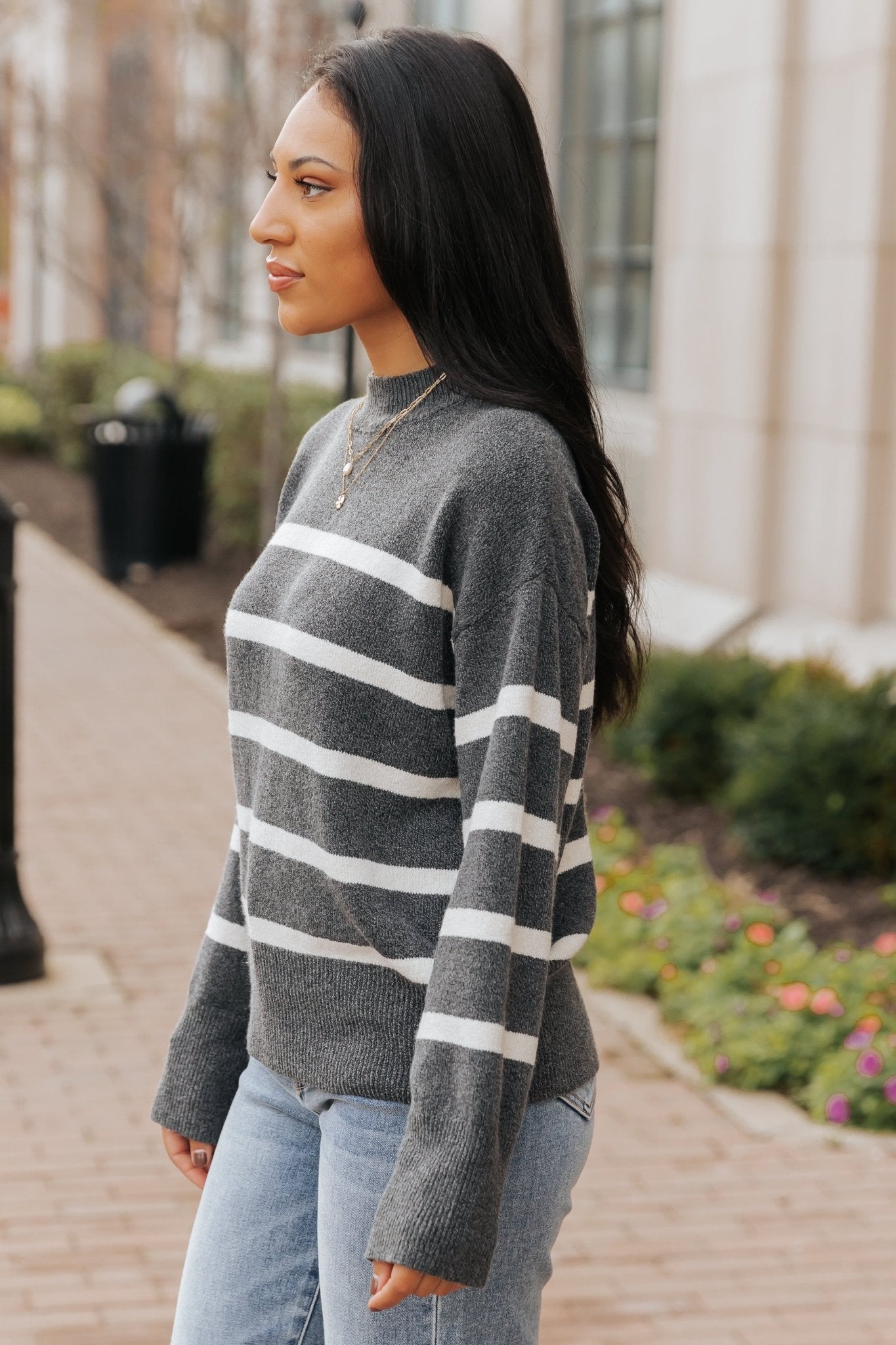 Charcoal and Cream Striped Pullover Sweater - Magnolia Boutique