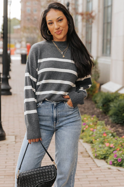 Charcoal and Cream Striped Pullover Sweater - Magnolia Boutique