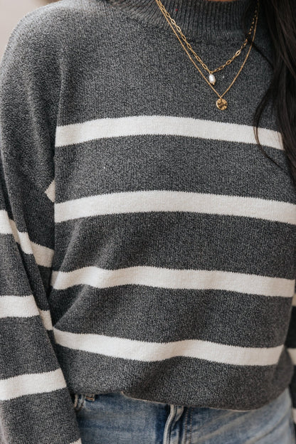 Charcoal and Cream Striped Pullover Sweater - Magnolia Boutique