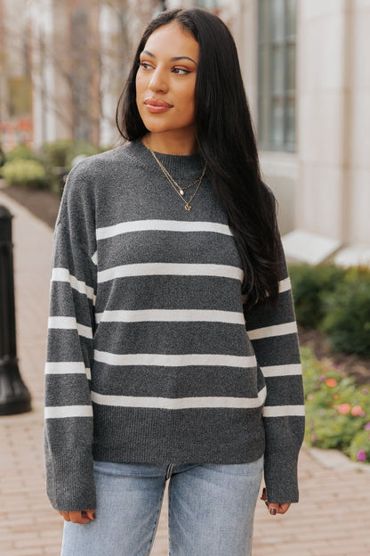 Charcoal and Cream Striped Pullover Sweater - Magnolia Boutique