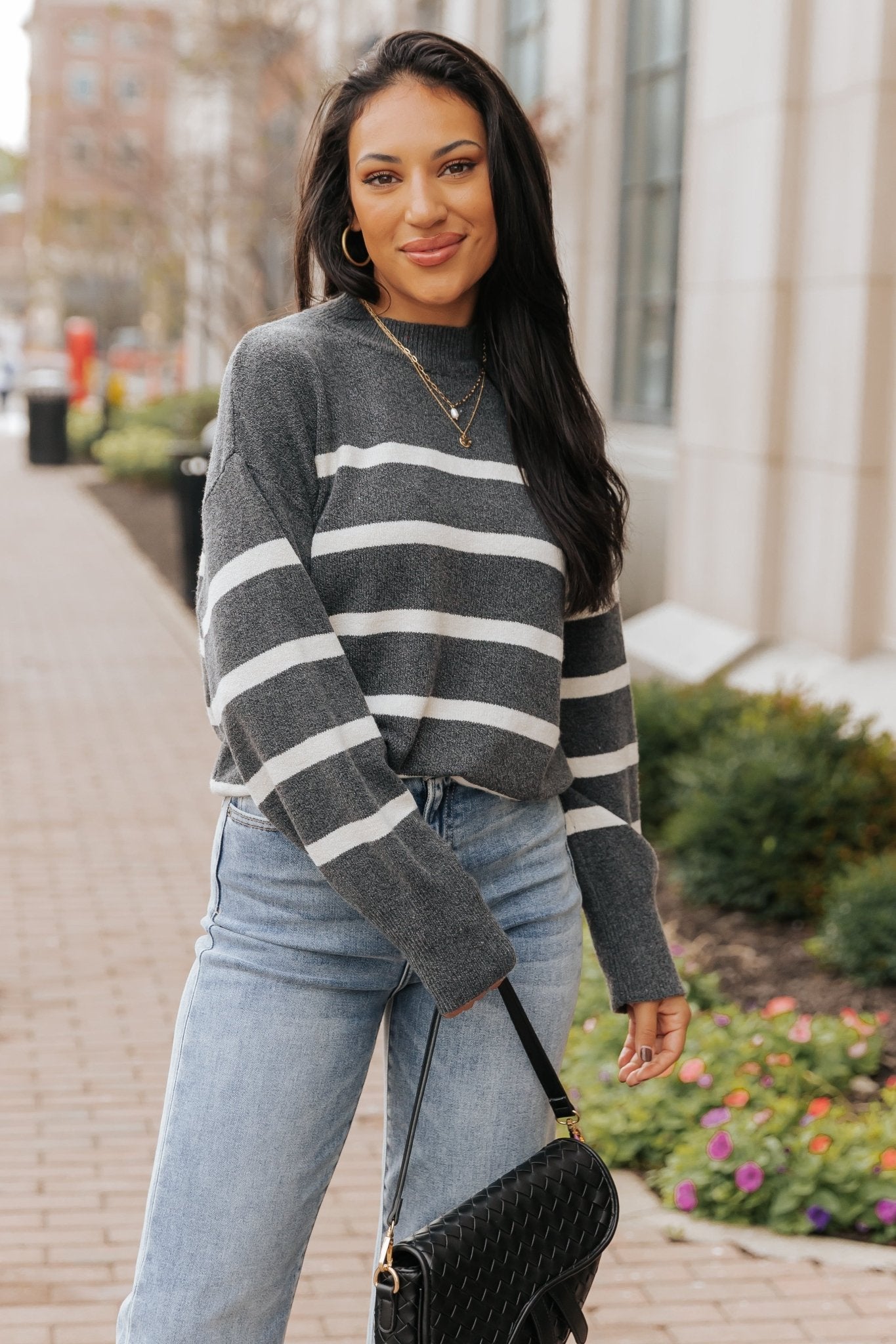 Charcoal and Cream Striped Pullover Sweater - Magnolia Boutique