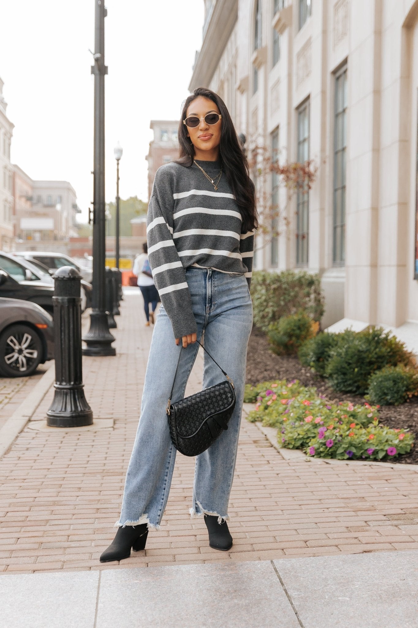 Charcoal and Cream Striped Pullover Sweater - Magnolia Boutique