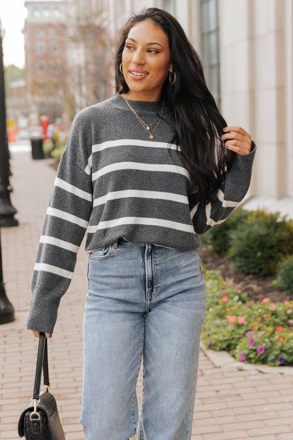 Charcoal and Cream Striped Pullover Sweater - Magnolia Boutique