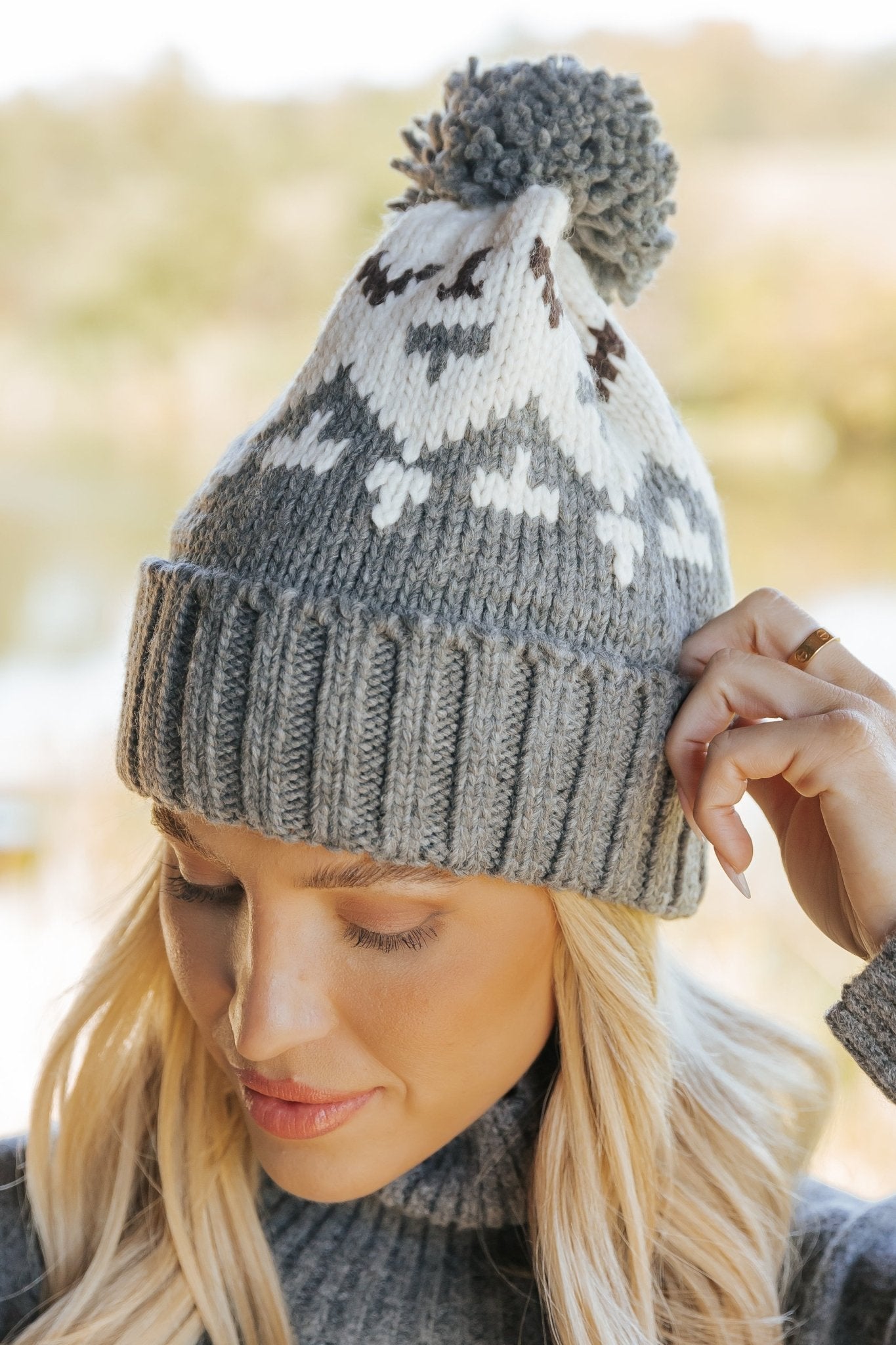 Charcoal Aztec Pom Pom Beanie - Magnolia Boutique