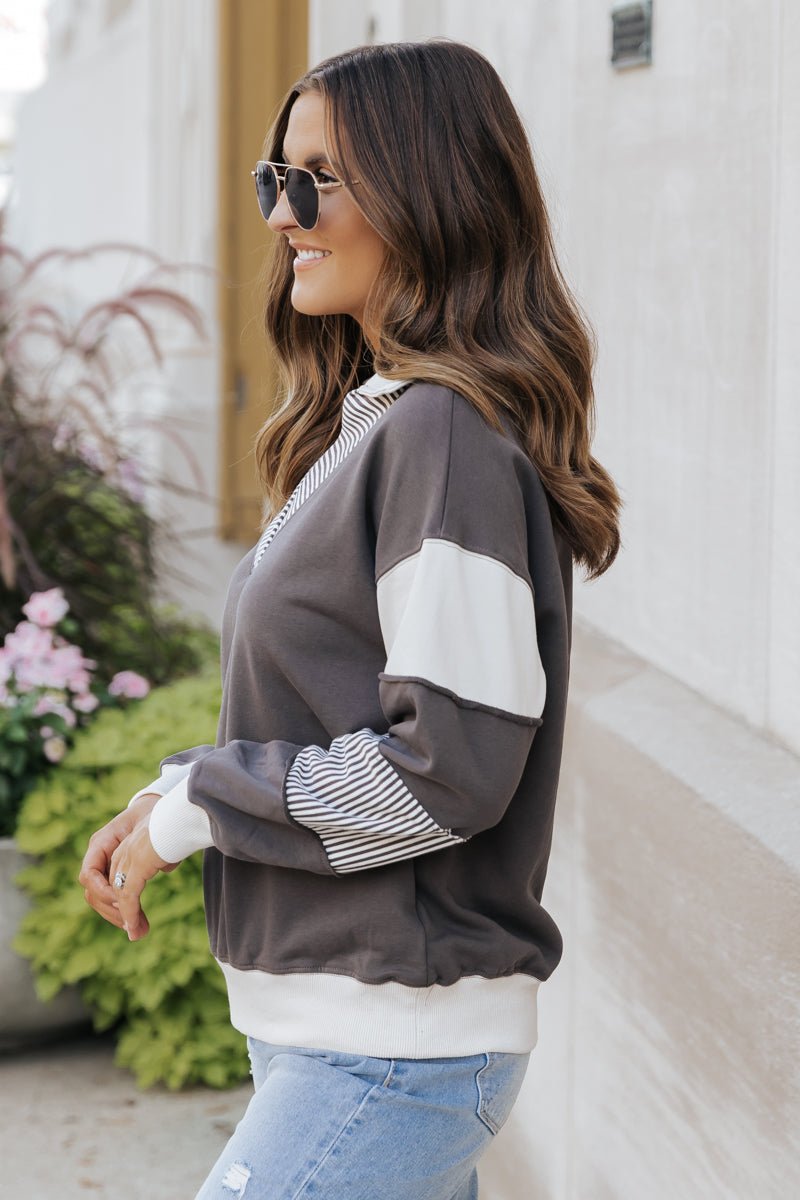 Charcoal Color Block French Terry Sweatshirt | Pre Order - Magnolia Boutique