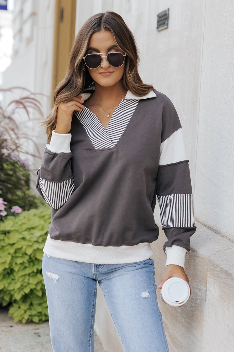 Charcoal Color Block French Terry Sweatshirt | Pre Order - Magnolia Boutique