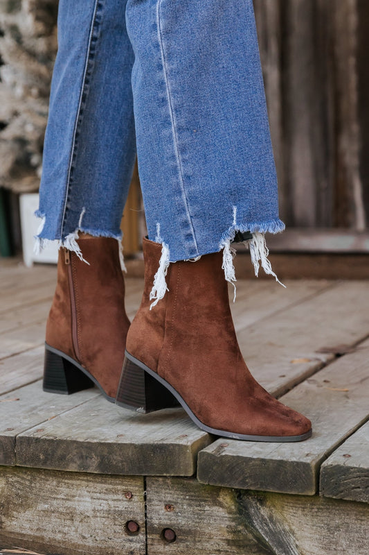 Chestnut Faux Suede Heeled Ankle Booties - Magnolia Boutique