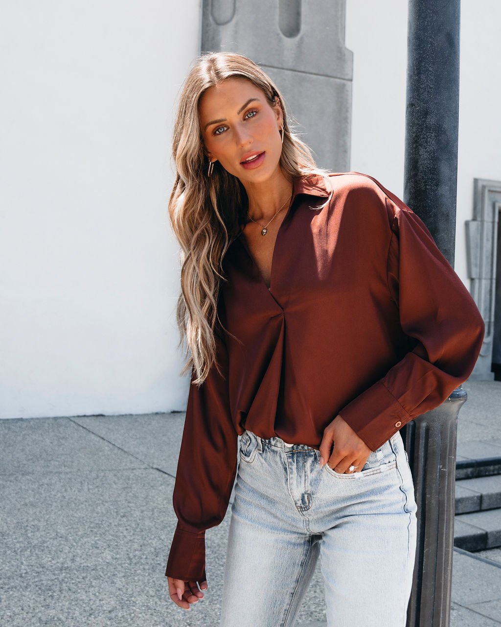 Chestnut V Neck Satin Blouse - Magnolia Boutique