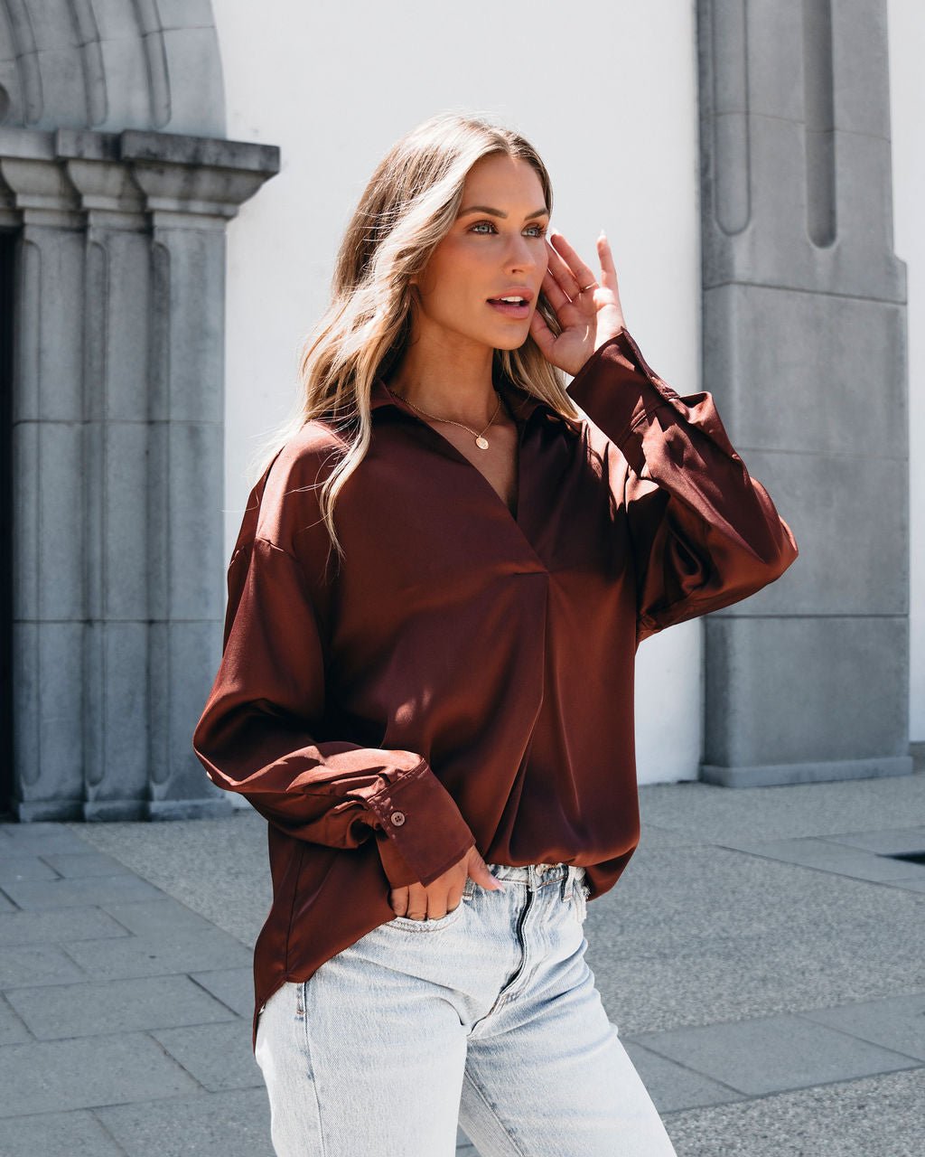 Chestnut V Neck Satin Blouse - Magnolia Boutique