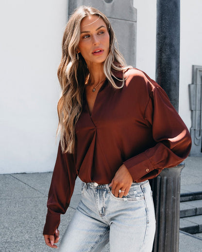 Chestnut V Neck Satin Blouse - Magnolia Boutique