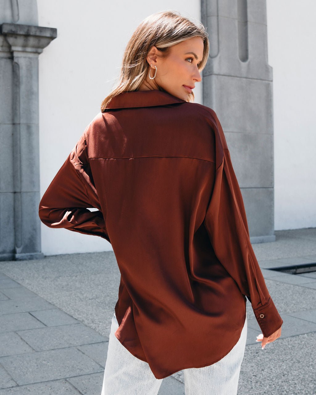 Chestnut V Neck Satin Blouse - Magnolia Boutique