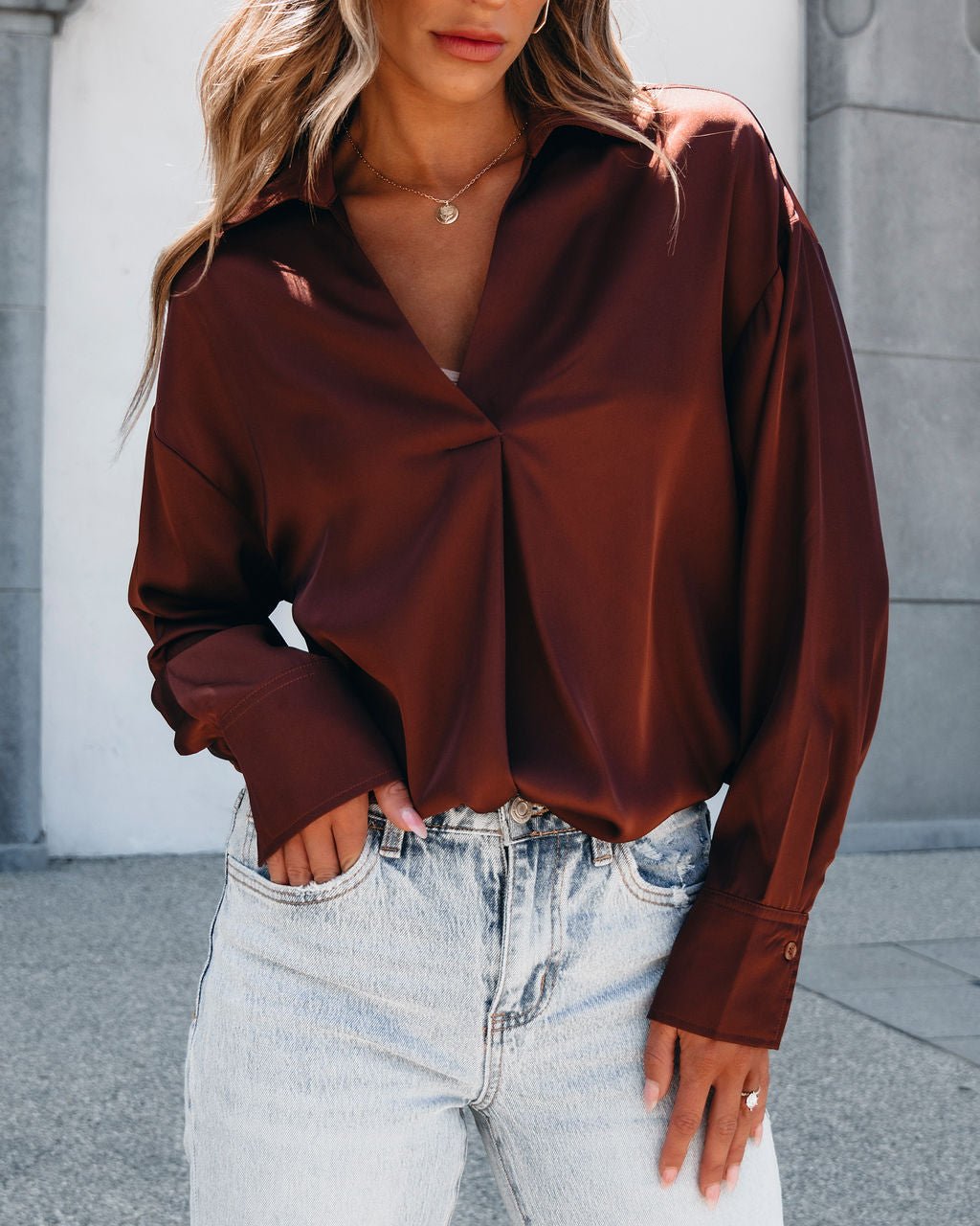 Chestnut V Neck Satin Blouse - Magnolia Boutique