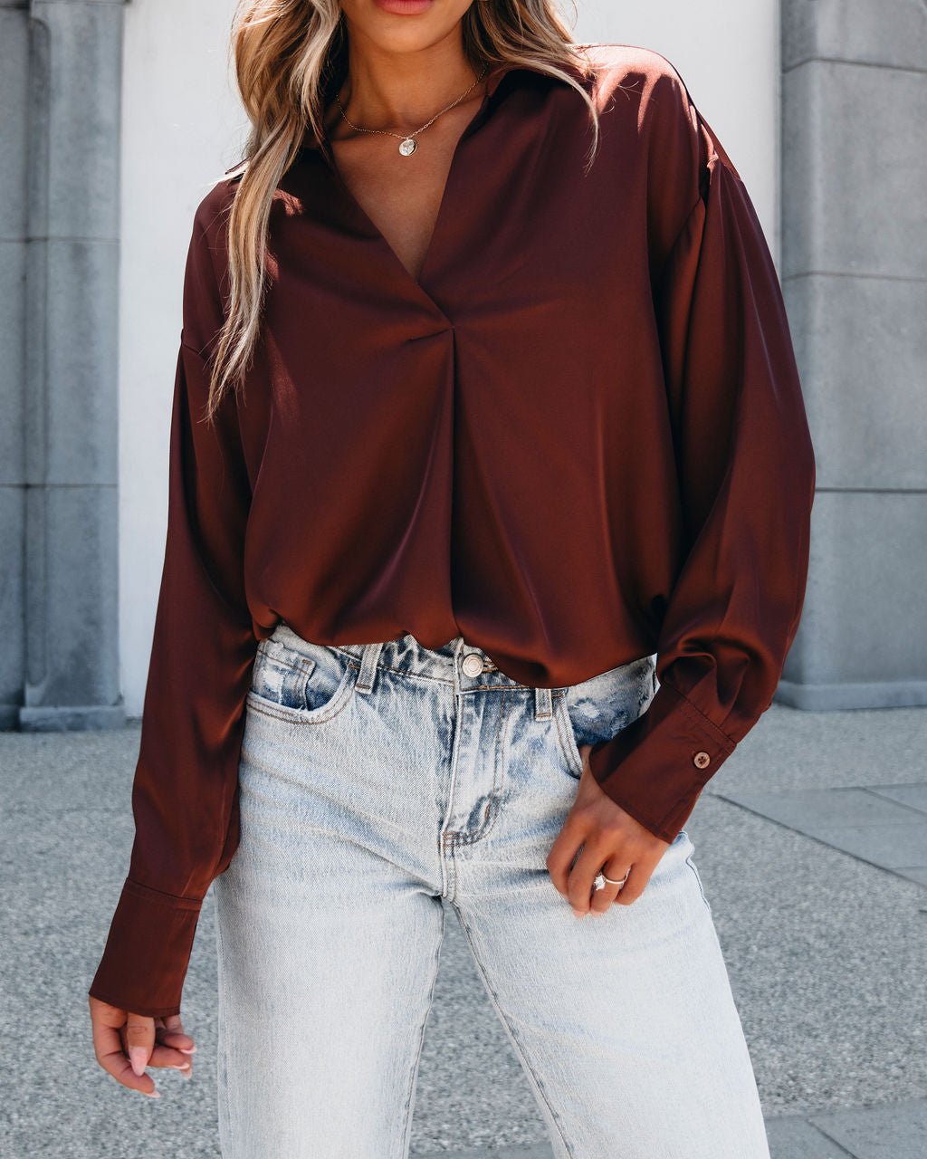 Chestnut V Neck Satin Blouse - Magnolia Boutique