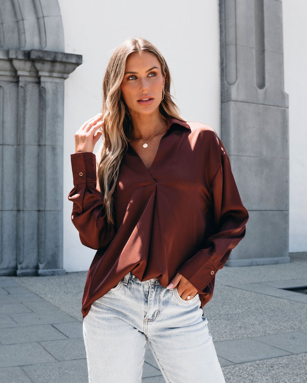 Chestnut V Neck Satin Blouse - Magnolia Boutique