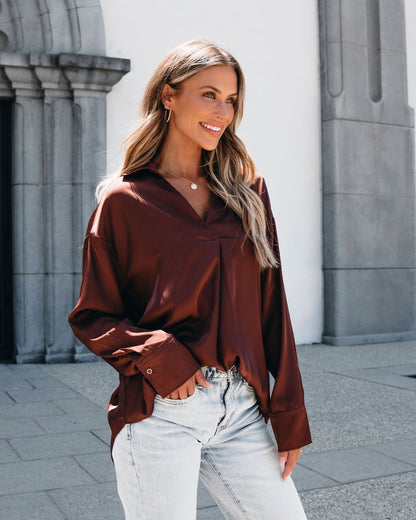 Chestnut V Neck Satin Blouse - Magnolia Boutique