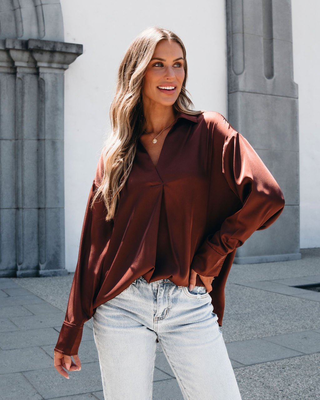 Chestnut V Neck Satin Blouse - Magnolia Boutique