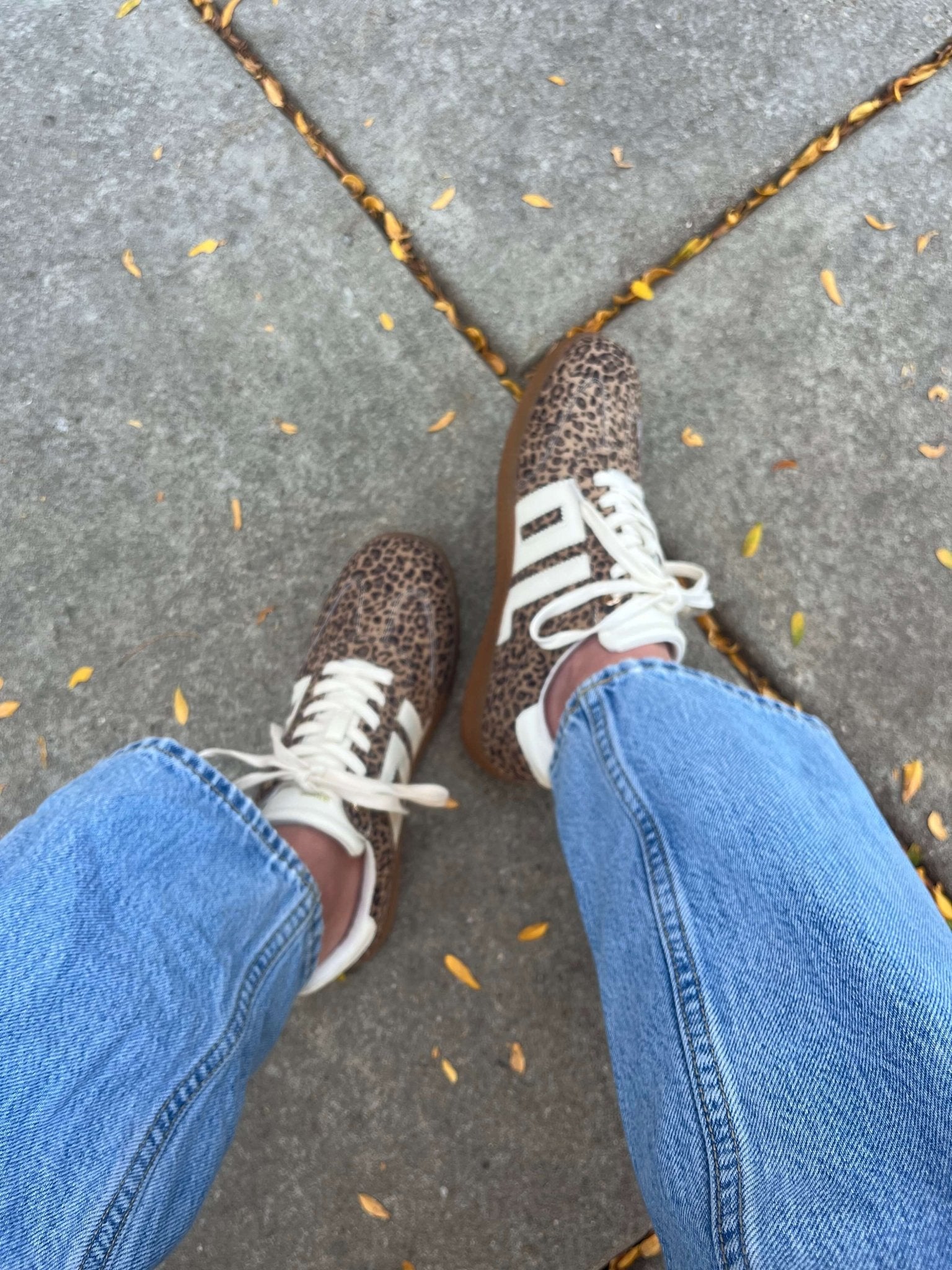 Person wears blue jeans and Chinese Laundry Trackstar Leopard Print Sneakers, standing on a stone pavement with yellow leaves.