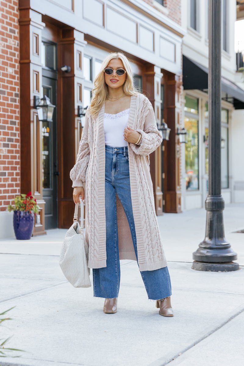 Chunky Cable Knit Duster Cardigan - Light Beige - Magnolia Boutique