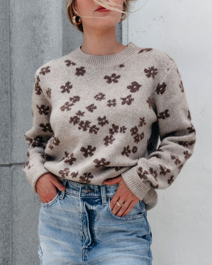 Chunky Daisy Print Sweater - Mocha - Magnolia Boutique