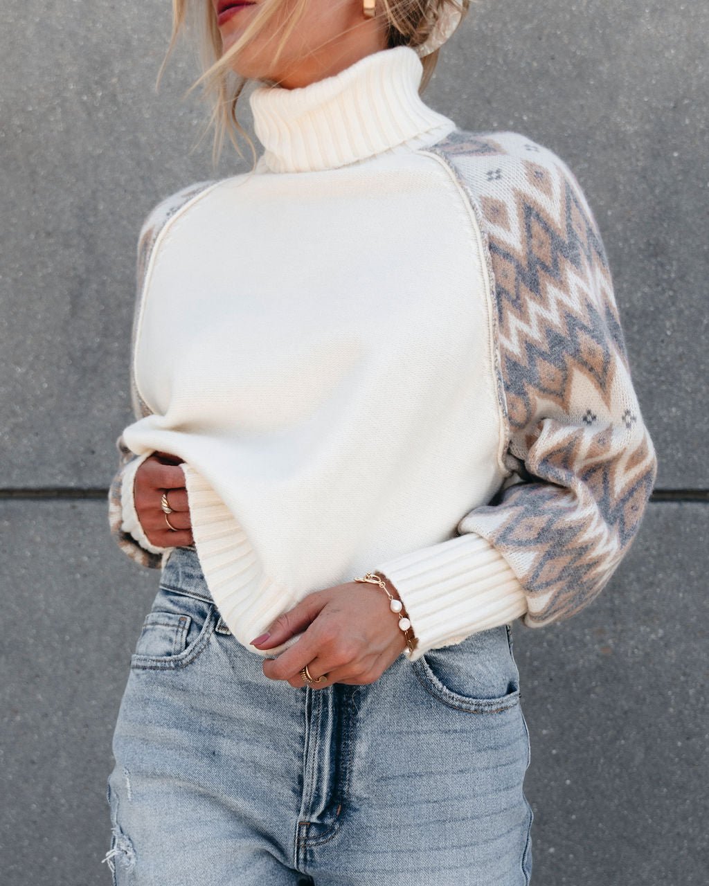 Color Block Sleeve Turtleneck Sweater - Cream - Magnolia Boutique