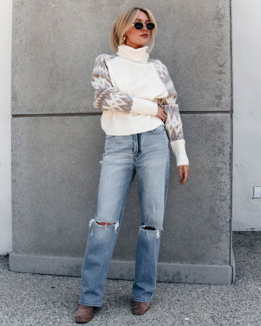 Color Block Sleeve Turtleneck Sweater - Cream - Magnolia Boutique