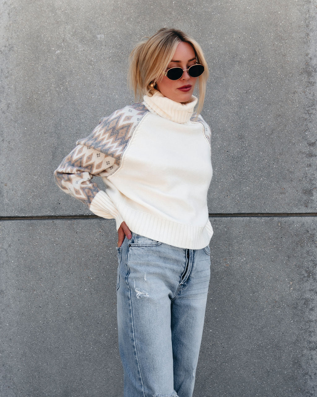 Color Block Sleeve Turtleneck Sweater - Cream - Magnolia Boutique