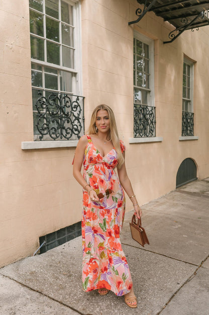 Coral Multi Print Shoulder Tie Maxi Dress - Magnolia Boutique