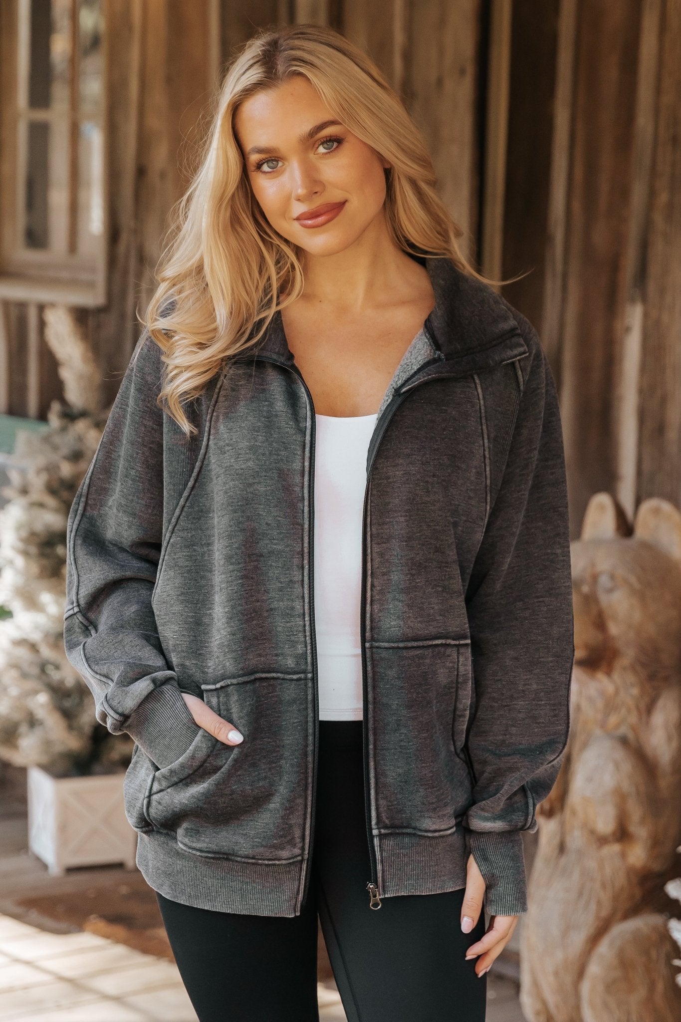 Cozy Essential Zip Up Sweatshirt - Charcoal - Magnolia Boutique