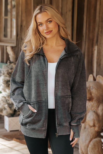 Cozy Essential Zip Up Sweatshirt - Charcoal - Magnolia Boutique