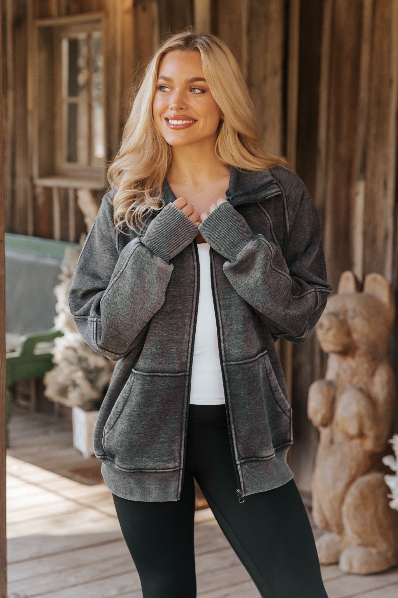 Cozy Essential Zip Up Sweatshirt - Charcoal - Magnolia Boutique