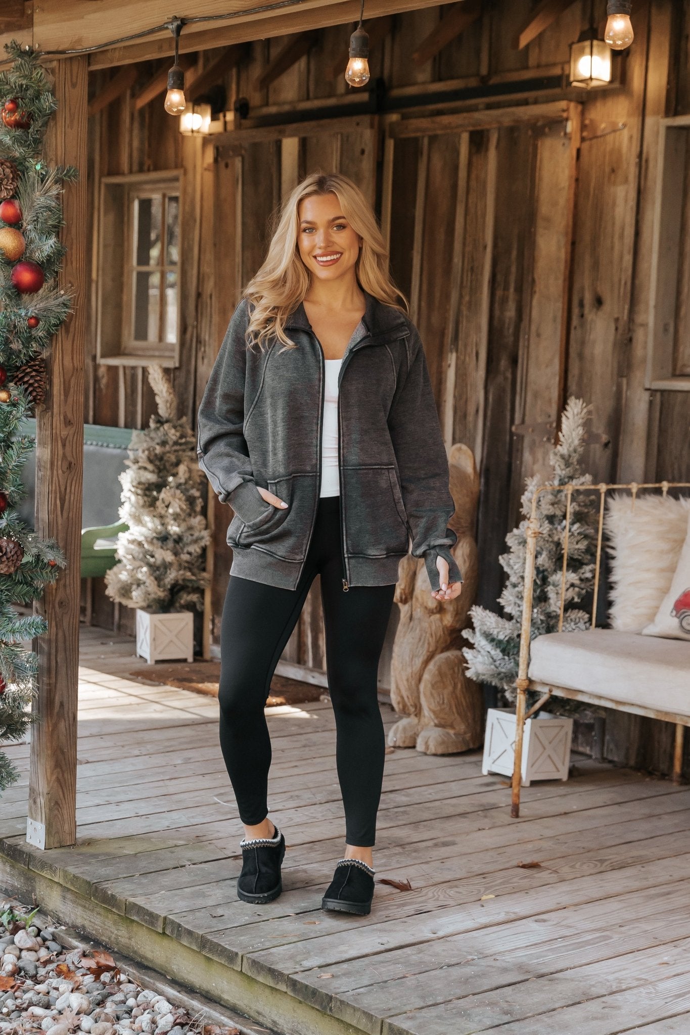 Cozy Essential Zip Up Sweatshirt - Charcoal - Magnolia Boutique