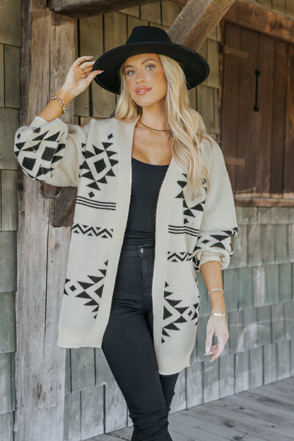 Cream and Black Aztec Print Cardigan - Magnolia Boutique