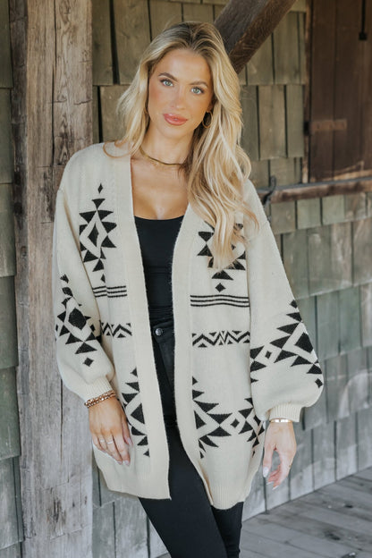 Cream and Black Aztec Print Cardigan - Magnolia Boutique